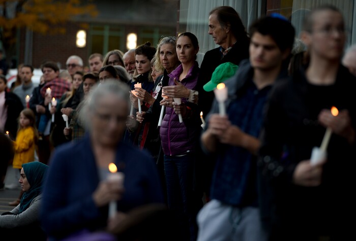 Leah Hogsten | The Salt Lake Tribune Candles are lit outside Chabad Lubavitch of Utah as members of Utah's Jewish and interfaith communities held a vigil and prayer service, Monday, Oct. 29, 2018 for the 11 people killed at the Tree of Life Synagogue in Pittsburgh, Monday, Oct. 29, 2018, "for peace, harmony and love to once again reign supreme upon this Earth."