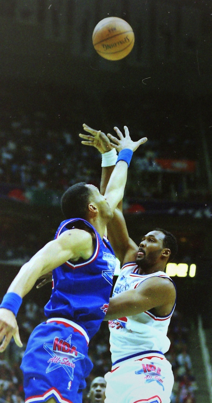 (Steve Griffin  | Tribune File Photo)  Karl Malone takes a shot in the 1993 All Star Game at the Delta Center in Salt Lake City, Sunday, Feb. 21, 1993.