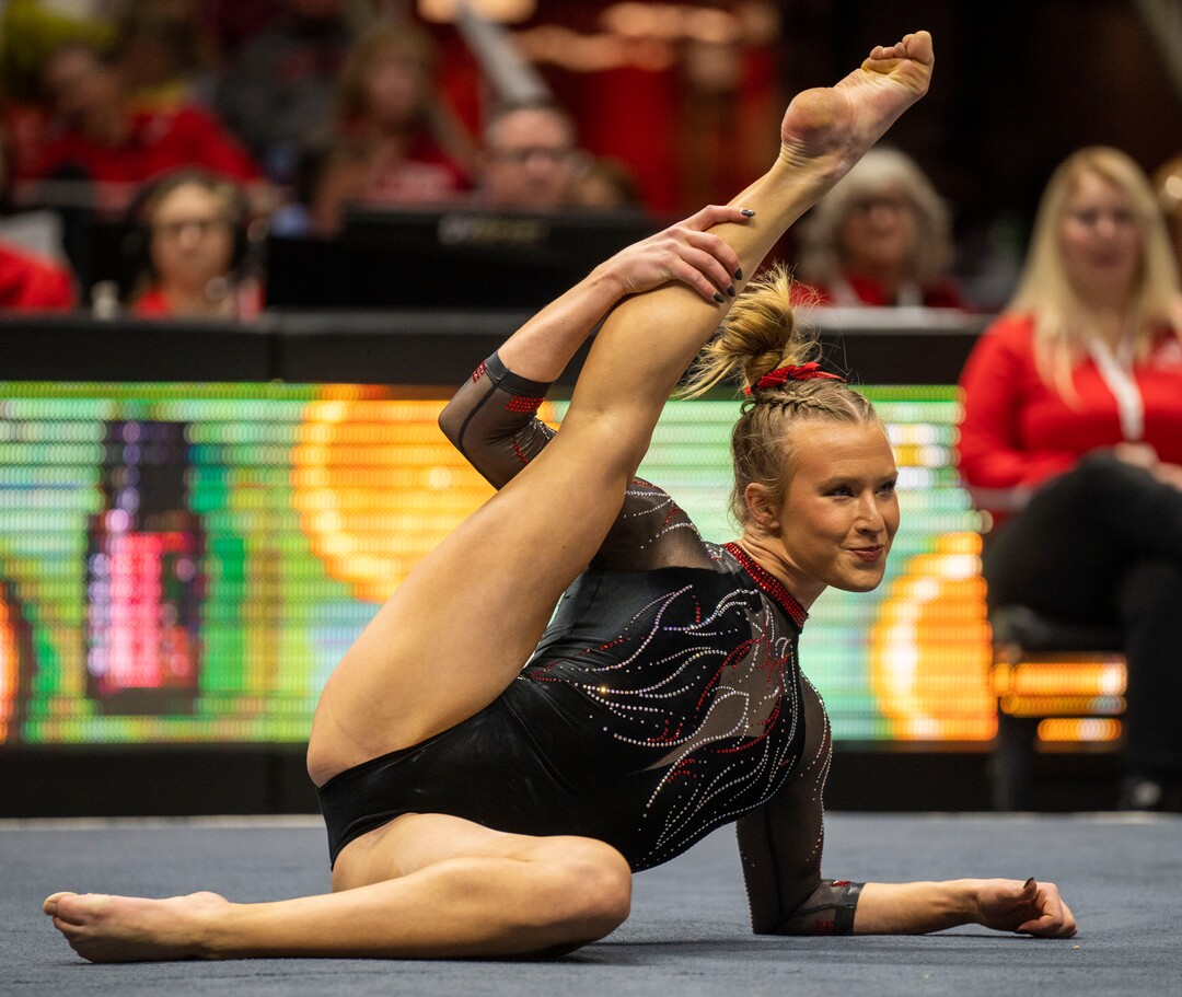 (Rick Egan | The Salt Lake Tribune)  Abby Paulson performs on the floor, in gymnastics action between Utah  Red Rocks and Oregon State, at the Jon M. Huntsman Center, on Friday, Feb. 2, 2024.