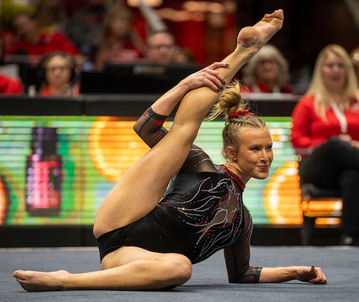 (Rick Egan | The Salt Lake Tribune)  Abby Paulson performs on the floor, in gymnastics action between Utah  Red Rocks and Oregon State, at the Jon M. Huntsman Center, on Friday, Feb. 2, 2024.