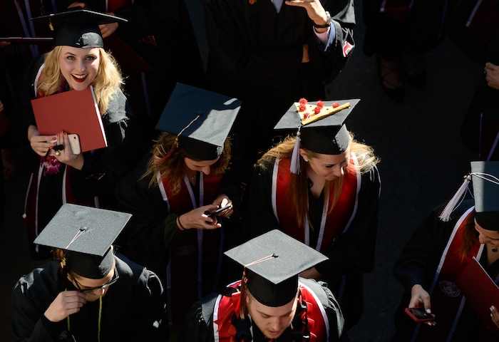 (Francisco Kjolseth  |  The Salt Lake Tribune)  University of Utah in Salt Lake City begins their celebration of its largest graduating class with 8,568 graduates for their 2018 commencement ceremonies on Thursday, May 3, 2018, on their way to the Jon M. Huntsman Center.