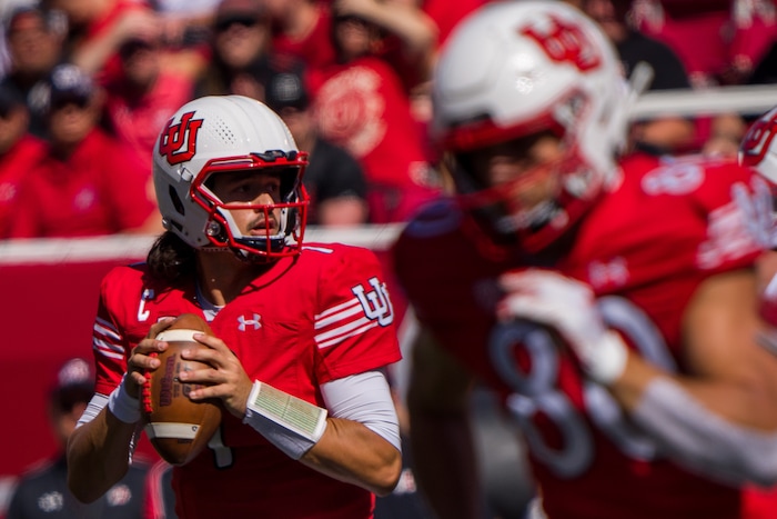 (Trent Nelson  |  The Salt Lake Tribune) Utah Utes quarterback Cameron Rising (7) as the University of Utah hosts Washington State, NCAA football in Salt Lake City on Saturday, Sept. 25, 2021.