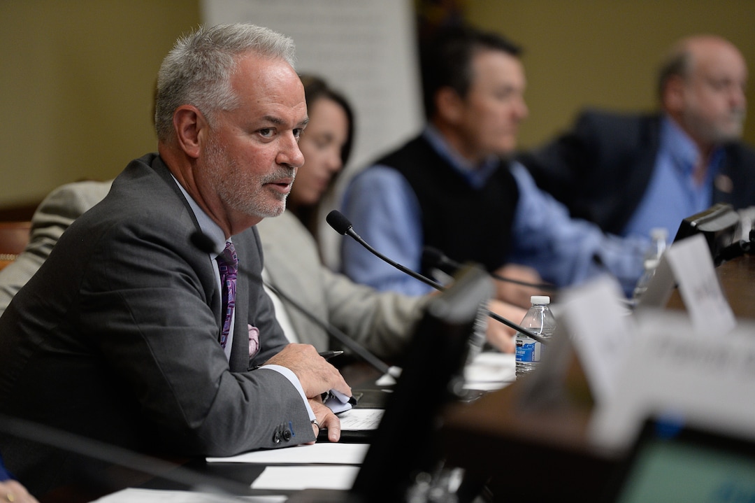 (Francisco Kjolseth  |  The Salt Lake Tribune)  Jack Hedge, Executive Director of the inland Port Authority begins a board meeting at the Utah Capitol where a few protestors disrupted the start of the meeting on Thursday, Oct. 17, 2019.