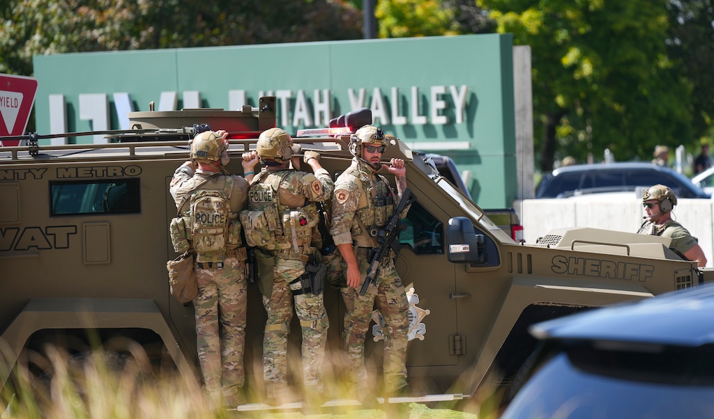 (Bethany Baker | The Salt Lake Tribune) Members of law enforcement canvass Utah Valley University in Orem where conservative commentator Charlie Kirk was shot and killed during an event at campus on Wednesday, Sept. 10, 2025.