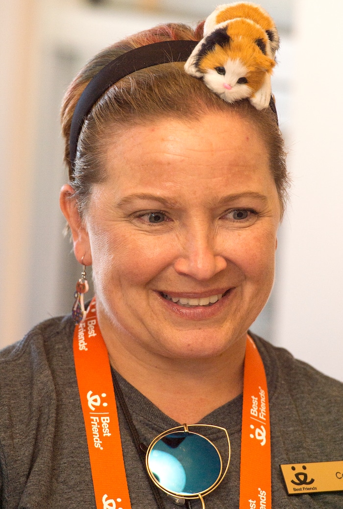 Leah Hogsten  |  The Salt Lake Tribune
Best Friends sanctuary ambassador Cassie Rowell, leads a tour group decked out in cat-eye sunglasses and matching kitten head band. Best Friends saves thousands of animals every year as the nation's largest no-kill sanctuary, encompassing some 3,700 acres about 5 miles outside Kanab.

