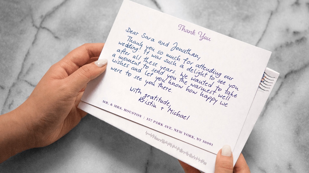 This undated image provided by Bond shows a wedding thank-you note created using the company's robotic technology, which mimics handwriting. Customers can choose from different handwriting styles or Bond can digitize your handwriting to create a personal style for your notes. (Bond Gifting Inc. via AP)
