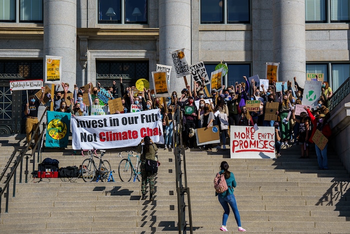 (Trent Nelson | The Salt Lake Tribune) Students protest inaction on the climate crisis at the state Capitol in Salt Lake City on Friday, March 19, 2021.