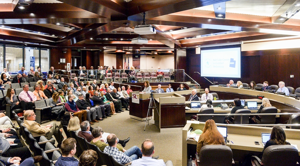 (Leah Hogsten  |  The Salt Lake Tribune)   Salt Lake County Mayor Jenny Wilson gave the county a clean bill of financial health, praised its momentum on a number of milestones and promised to address booming growth as a priority during her first State of the County speech Tuesday, March 26, 2019.