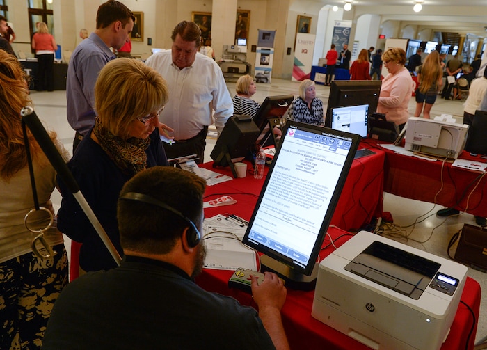 (Francisco Kjolseth  |  The Salt Lake Tribune)  Companies demonstrate new voting machines that the state is considering buying during a hands on presentation at the Capitol on Wednesday, Aug. 2, 2017.