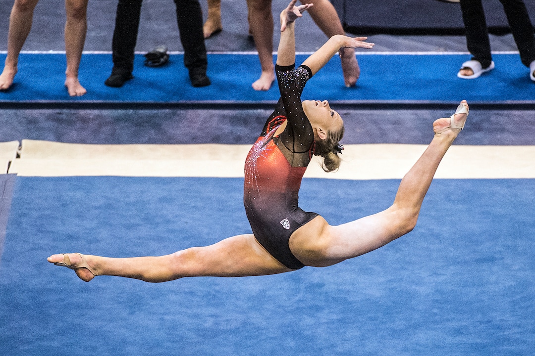 Chris Detrick  |  The Salt Lake TribuneUtah's Makenna Merrell competes on the floor during the gymnastics meet against Brigham Young University at the Marriott Center Friday January 13, 2017. 
