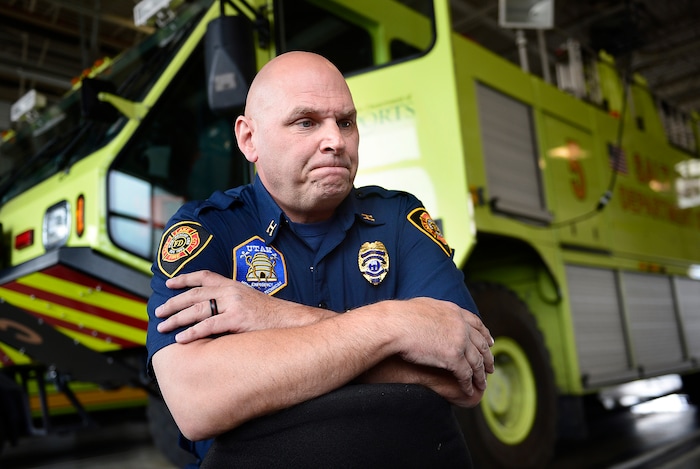 (Scott Sommerdorf | The Salt Lake Tribune)
Capt. Mike Stevens pauses while recounting some of the moments in his career that still stick with him as he speaks during an interview at Fire Station 12 near the Salt Lake International Airport, Thursday, May 10, 2018.
Stevens was once suicidal, a reaction to accumulated traumas he had witnessed on the job. He's now pushing other first responders to consider their mental health.