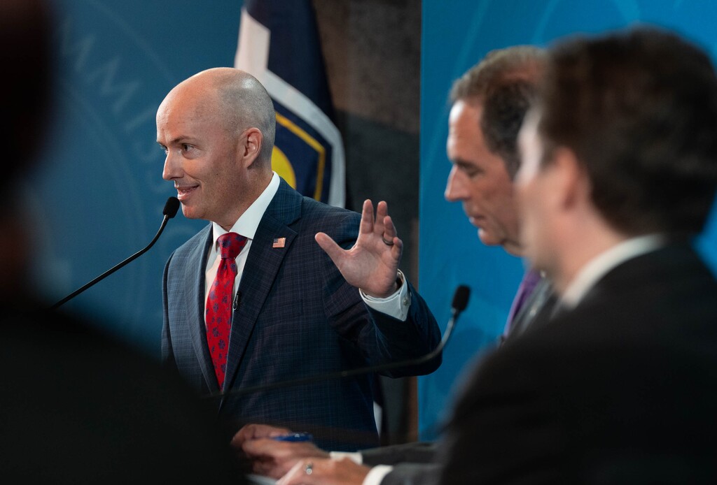 (Francisco Kjolseth  | The Salt Lake Tribune) Republican Utah Gov. Spencer Cox, left, who is running for reelection, debates Democratic challenger state Rep. Brian King and Libertarian opponent Robert Latham at Salt Lake Community College on Wednesday, Sept. 11, 2024.