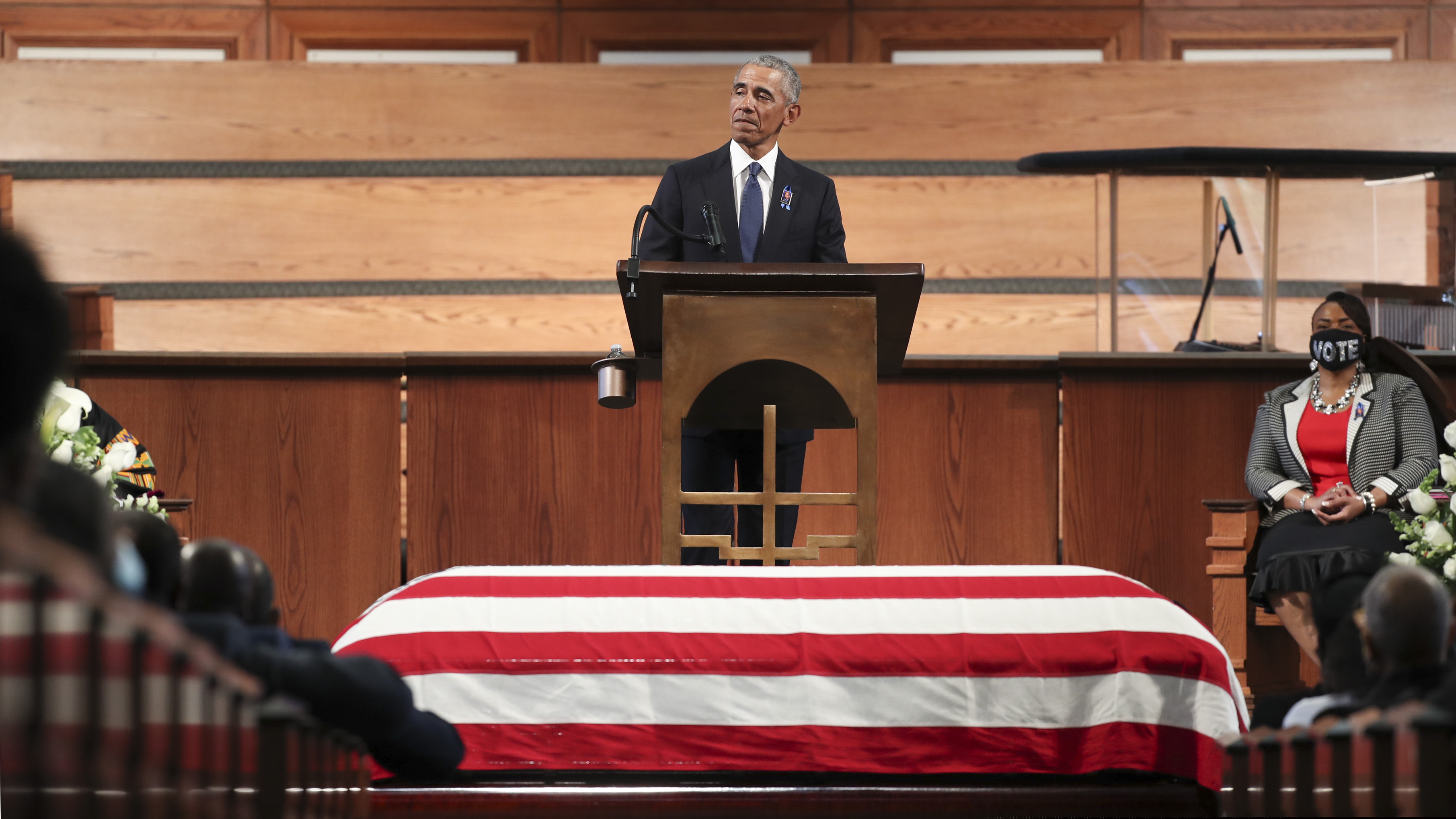 Former President Barack Obama, addresses the service during the funeral for the late Rep. John Lewis, D-Ga., at Ebenezer Baptist Church in Atlanta, Thursday, July 30, 2020. (Alyssa Pointer/Atlanta Journal-Constitution via AP, Pool)