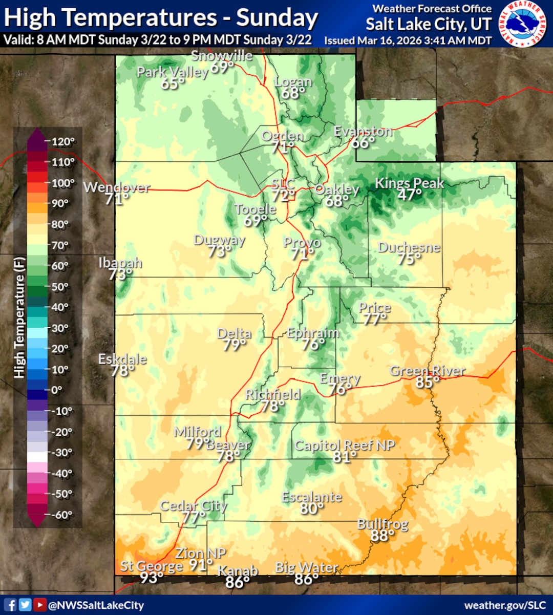National Weather Service for high temperatures in Utah on March 22, 2026.