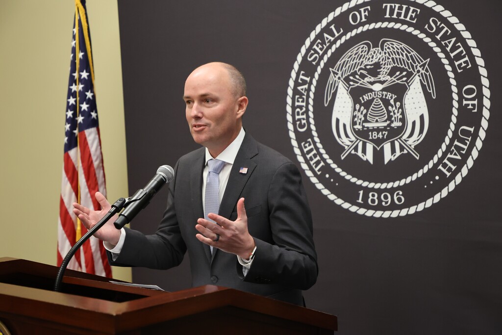 (Jeffrey D. Allred | Deseret News, pool) Gov. Spencer Cox speaks at the Utah State Capitol during the weekly COVID-19 press conference in Salt Lake City, Friday, Jan. 8, 2021.
