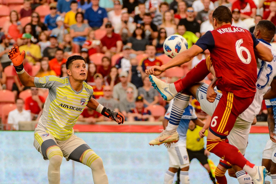 (Trent Nelson | The Salt Lake Tribune)  Real Salt Lake hosts FC Dallas, MLS soccer at Rio Tinto Stadium in Sandy, Saturday July 7, 2018. FC Dallas goalkeeper Jesse Gonzalez (1) and Real Salt Lake midfielder Damir Kreilach (6).