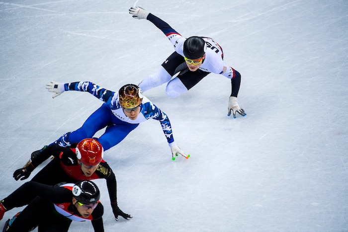 (Chris Detrick  |  The Salt Lake Tribune)  Shaolin Sandor Liu of Hungary Tianyu Han of China Semen Elistratov of Olympic Athlete from Russia and John-Henry Krueger of the United States race during the Men's 500m Short Track Speed Skating at Gangneung Ice Arena Pyeongchang 2018 Winter Olympics Tuesday, Feb. 20, 2018. 