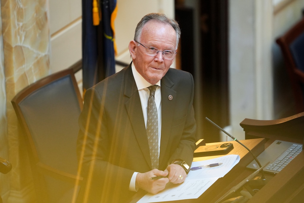 (Chris Samuels | The Salt Lake Tribune) Senate President J. Stuart Adams, R-Layton, looks up at the Senate Chamber gallery at the state Capitol in Salt Lake City, Thursday, Feb. 5, 2026.
