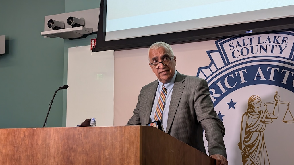 (Paighten Harkins|The Salt Lake Tribune) Salt Lake County District Attorney Sim Gill speaks with reporters on Aug. 30, 2024, about his decision not to file charges against Unified police officer Leo Lopez in the Oct. 31, 2023, fatal shooting of Mark Brunson.