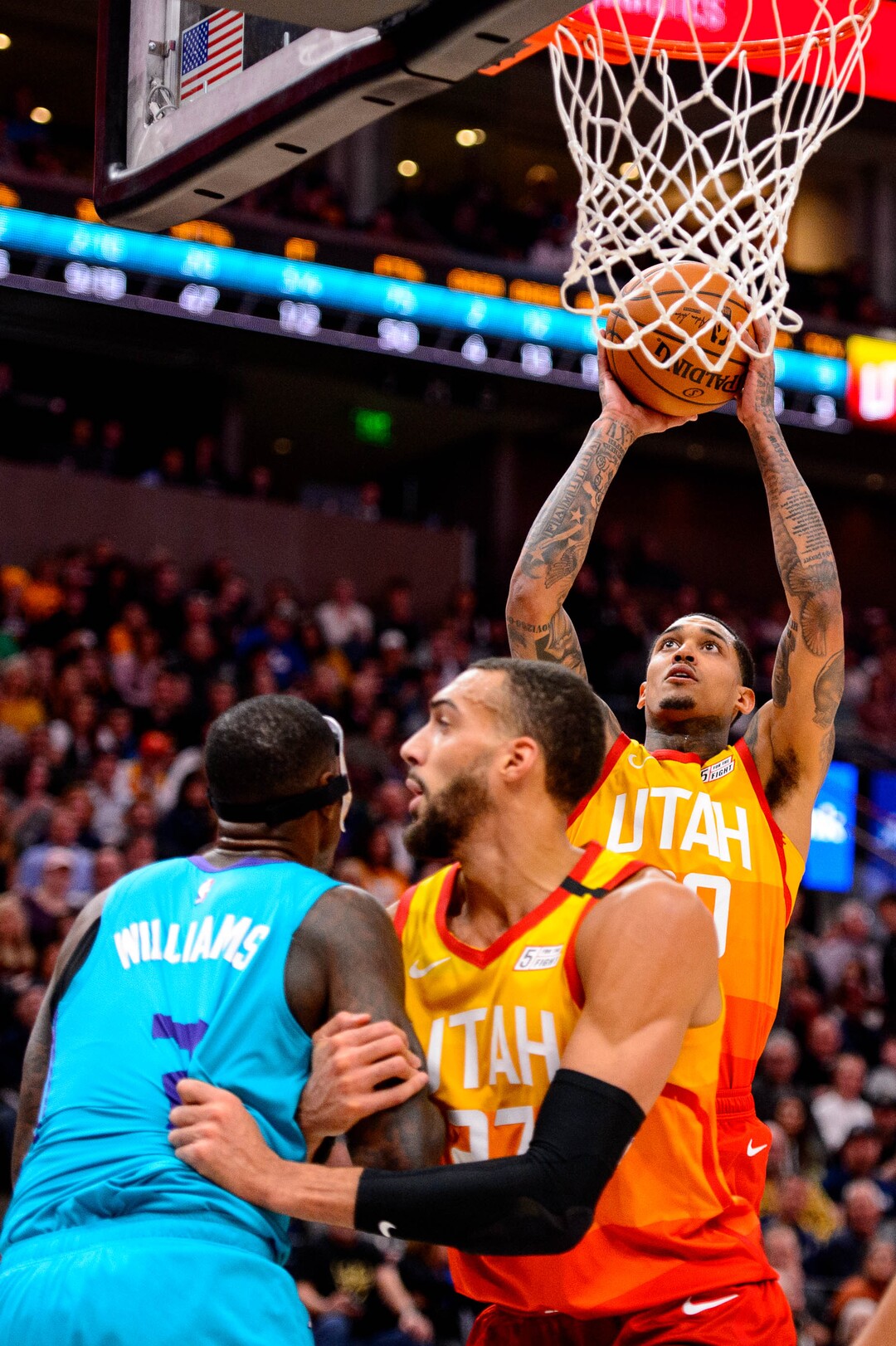 (Trent Nelson  |  The Salt Lake Tribune) Utah Jazz guard Jordan Clarkson (00) scores as the Utah Jazz host the Charlotte Hornets, NBA basketball in Salt Lake City on Friday, Jan. 10, 2020.