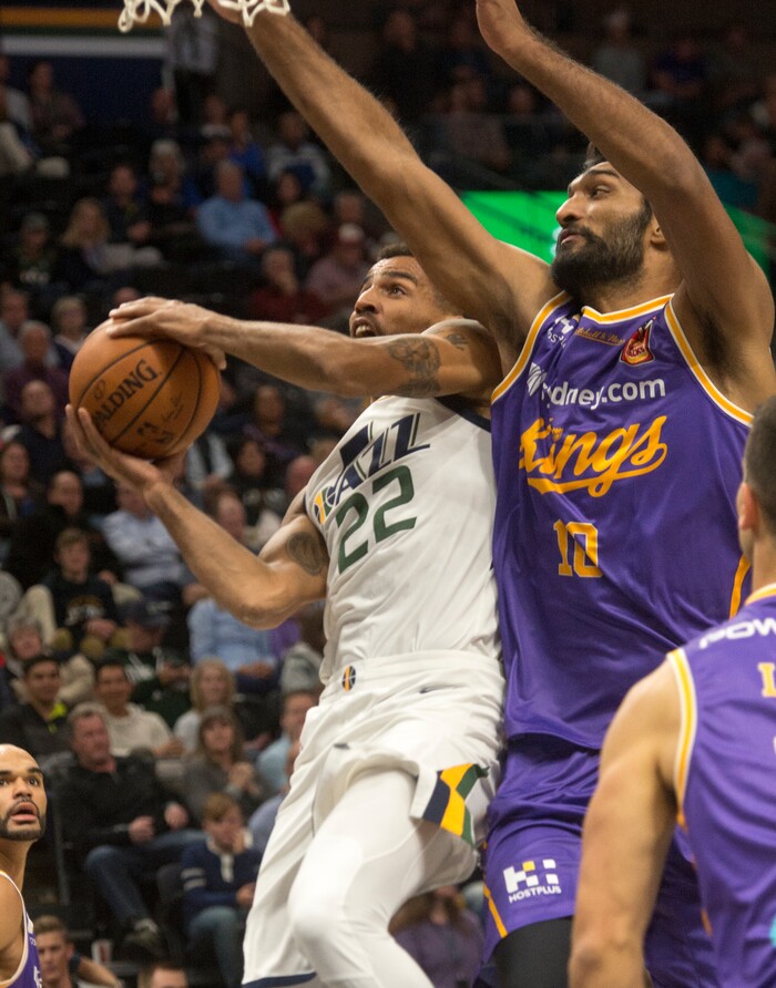 (Rick Egan  |  The Salt Lake Tribune)  Utah Jazz forward Thabo Sefolosha (22) goes up for a shot, as Sydney Kings center, Amritpal Singh (10) defends, in preseason basketball Utah Jazz vs. Sydney Kings, in Salt Lake City, Sunday, October 2, 2017.


