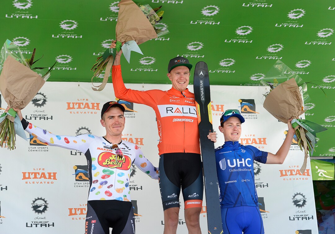 (Scott Sommerdorf   |  The Salt Lake Tribune)   Stage 3 winner Robert Britton, center, celebrates with second place finisher Serghei Tvetcov, left, and Gavin Mannion, right, after his Stage 3 time trial win in Big Cottonwood Canyon, Wednesday, August 2, 2017.