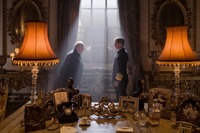 This image released by Focus Features shows Gary Oldman as Winston Churchill, left, and Ben Mendelsohn as King George VI in a scene from "Darkest Hour." (Jack English/Focus Features via AP)