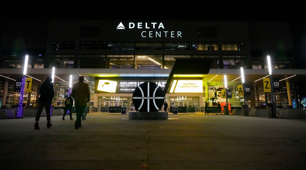 (Bethany Baker | The Salt Lake Tribune) Utah Jazz fans arrive at the Delta Center ahead of the game in Salt Lake City on Friday, Dec. 8, 2023.