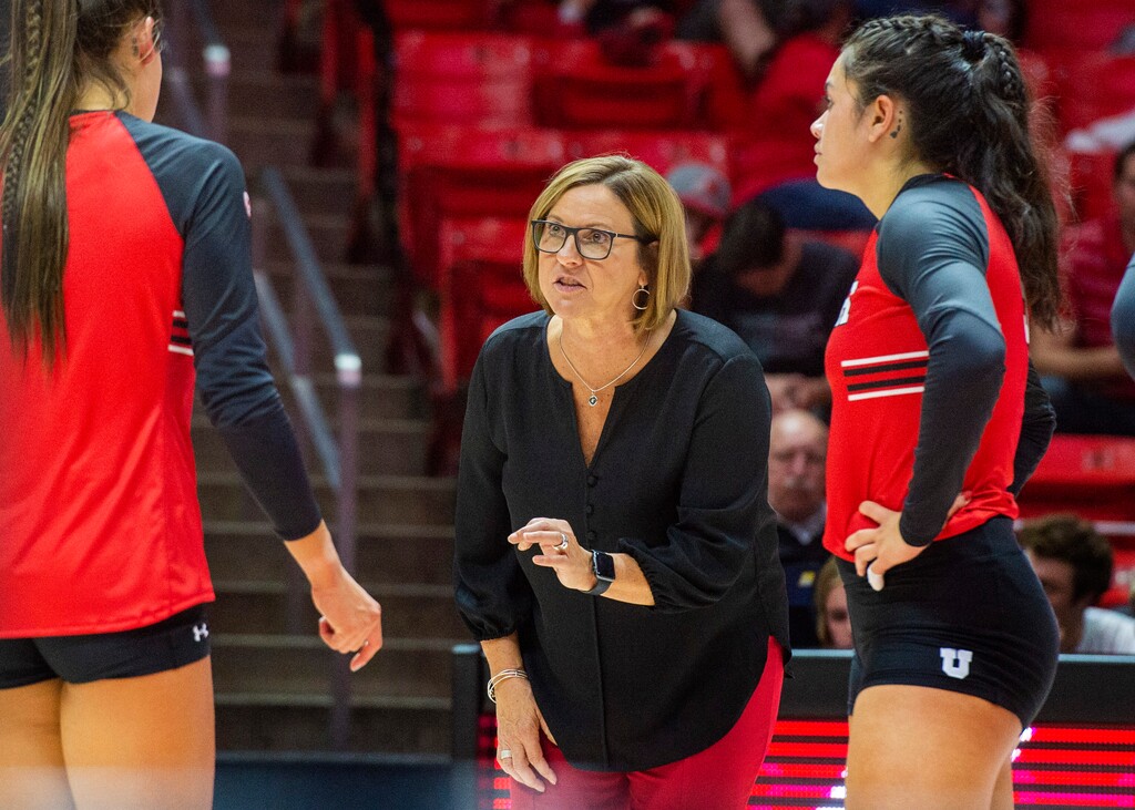 (Rick Egan  |  The Salt Lake Tribune) Utah coach Beth Launiere gives instructions to her team, in volleyball action between Utah and BYU, at the Jon M. Huntsman Center, Thursday, Sept. 19, 2019.