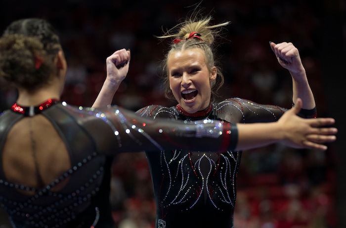 (Rick Egan | The Salt Lake Tribune)  Abby Paulson reacts after her performance on the beam, in gymnastics action between Utah Red Rocks and Oregon State, at the Jon M. Huntsman Center, on Friday, Feb. 2, 2024.