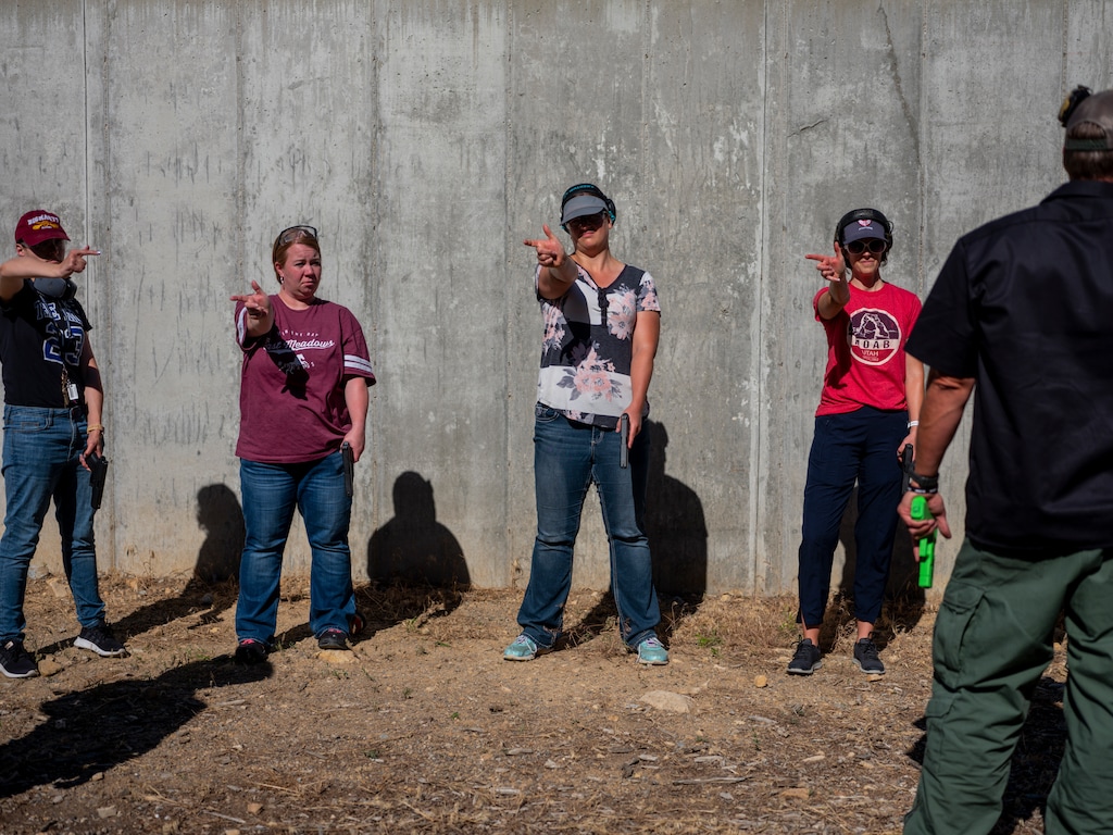 (Zackary Canepari via The New York Times) Teachers during the Utah County sheriff's office training in Spanish Fork. Rising gun violence is fueling a more than $3 billion industry of companies working to protect children or employees of schools against mass murder.