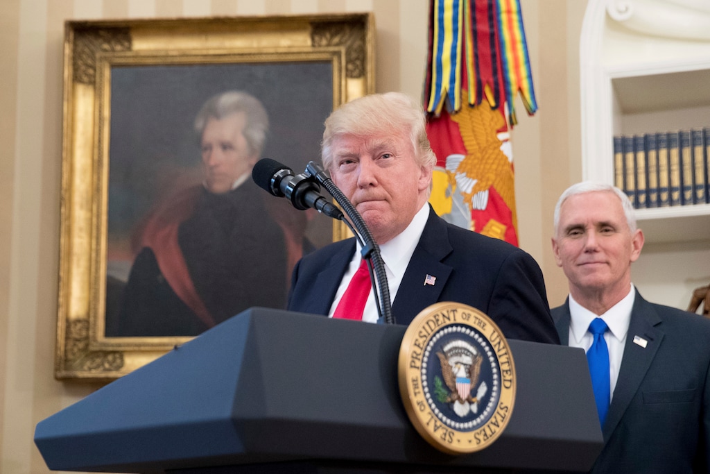 (Andrew Harnik | AP file photo)
In this March 31, 2017, photo, a portrait of former President Andrew Jackson hangs on the wall behind President Donald Trump, accompanied by Vice President Mike Pence, in the Oval Office at the White House in Washington. President Donald Trump made puzzling claims about Andrew Jackson and the Civil War in an interview, suggesting that he was uncertain about the origin of the conflict while claiming that Jackson was upset about the war that started more than a decade after his death.