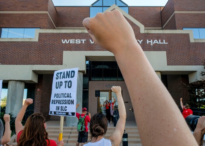 (Leah Hogsten  |  The Salt Lake Tribune) About 75 people rallied for the People's Council to defund the West Valley Police Department outside West Valley City Hall, Aug.8, 2020.  Saturday's rally was hosted by the Salt Lake chapter of the Party for Socialism and Liberation.