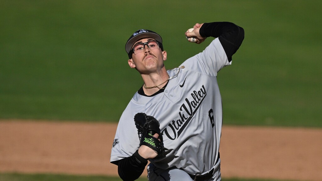(John McCoy | AP) Utah Valley's Carston Herman (6) during an NCAA baseball game on Friday, Feb. 15, 2025, in Riverside, Calif.
