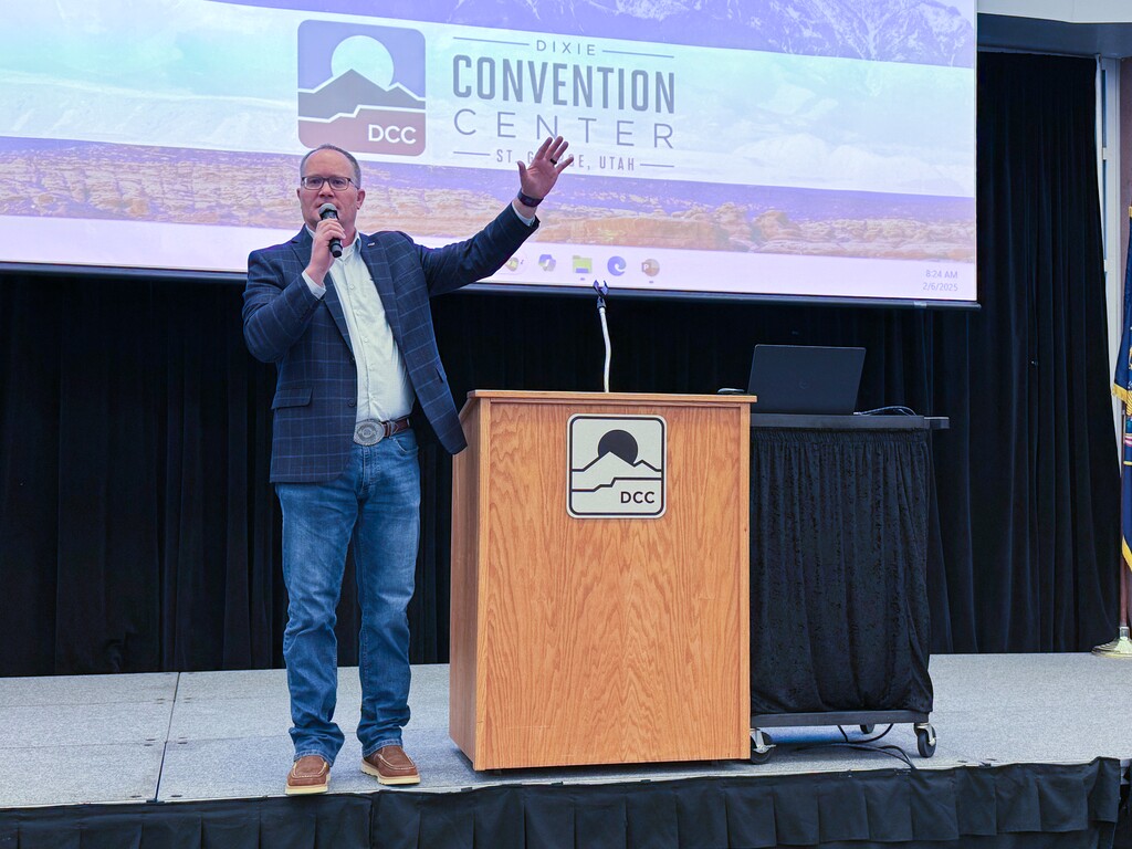(Mark Eddington | The Salt Lake Tribune) Utah Farm Bureau Federation CEO Spencer Gibbons speaks at the Utah Hay Symposium in St. George, Thursday, Feb. 6, 2025.