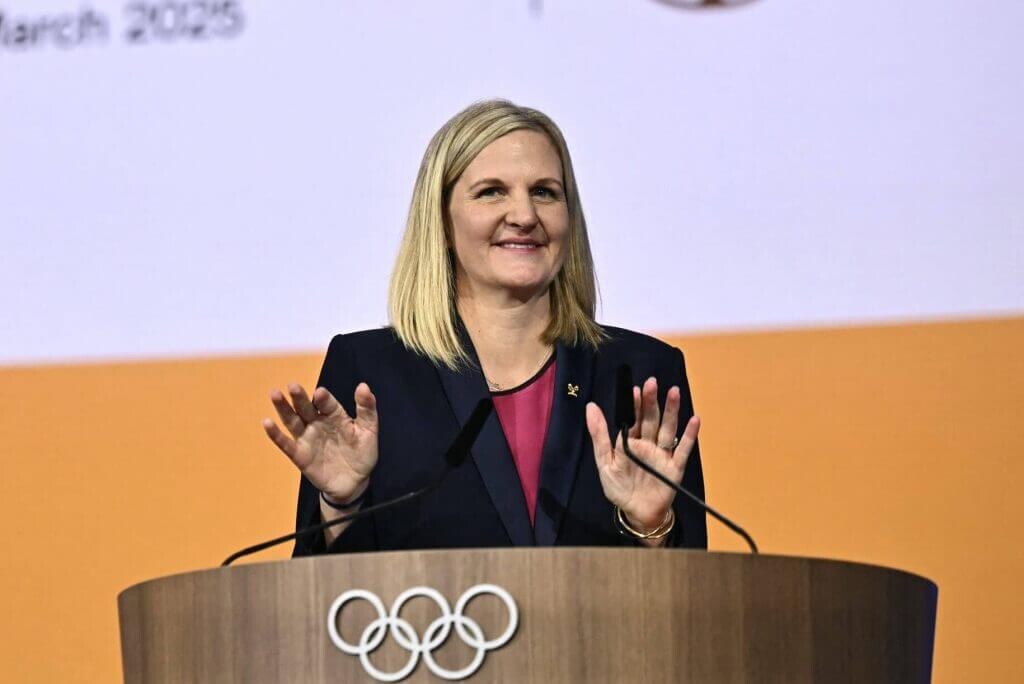(Fabrice Coffrini | AFP via Getty Images) Kirsty Coventry speaks after being elected IOC president at the International Olympic Committee 144th session in Costa Navarino, Greece, Thursday, March 20, 2025.