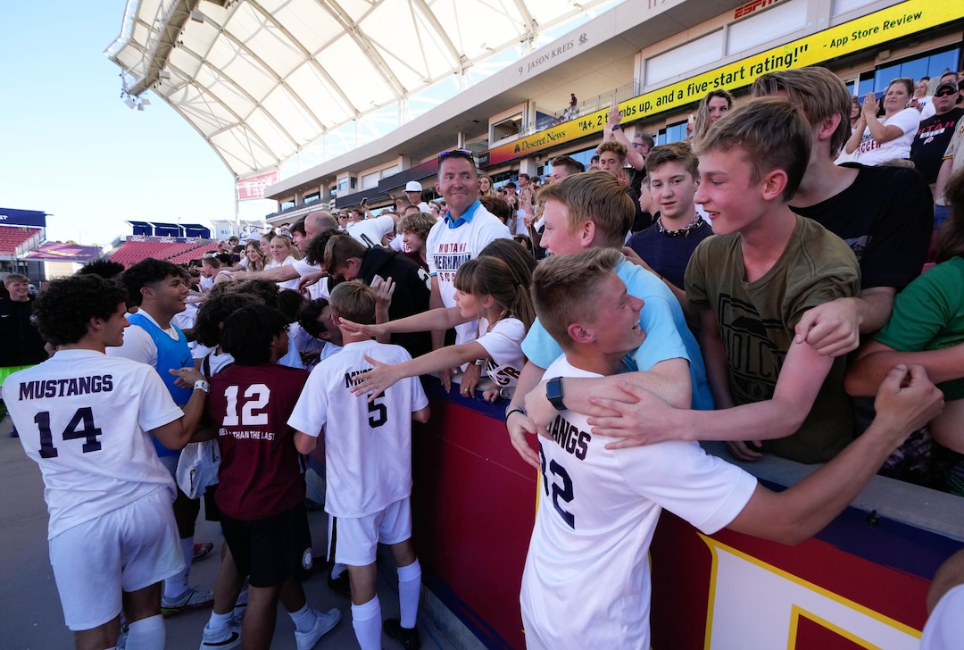 (Francisco Kjolseth | The Salt Lake Tribune) Herriman celebrates their 6A State Soccer Championship title agains Davis at Rio Tinto Stadium, Wednesday, May 25, 2022. Herriman defeated Davis 1-0 with two seconds left on the clock.