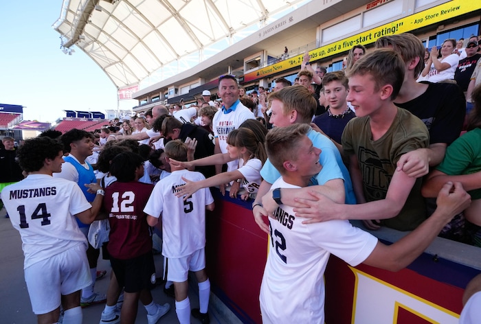 (Francisco Kjolseth | The Salt Lake Tribune) Herriman celebrates their 6A State Soccer Championship title agains Davis at Rio Tinto Stadium, Wednesday, May 25, 2022. Herriman defeated Davis 1-0 with two seconds left on the clock.