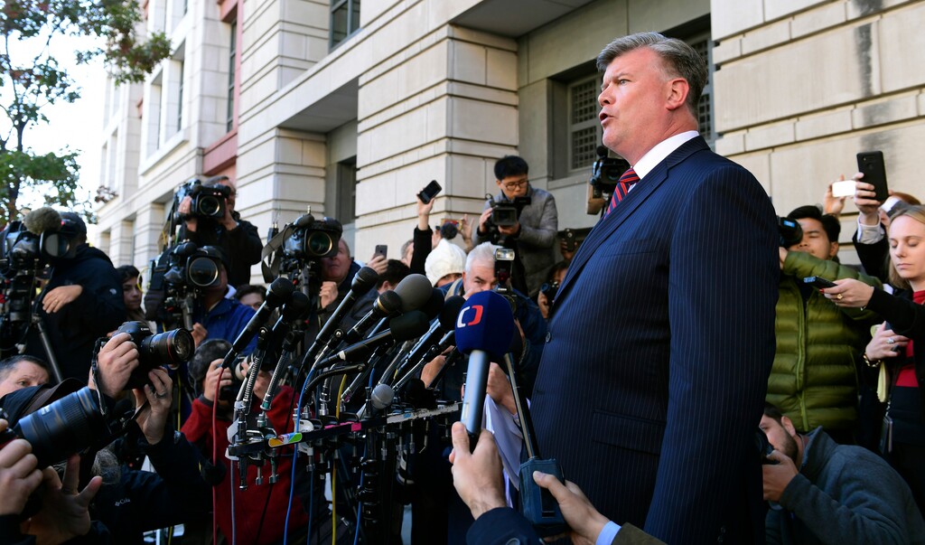 Kevin Downing, attorney for Paul Manafort, speaks to reporters outside federal court in Washington, Monday, Oct. 30, 2017. President Donald Trump's former campaign chairman, Manafort, and Manafort's business associate Rick Gates face decades in federal prison and millions of dollars in potential fines if convicted on all counts in a sprawling federal indictment unsealed Monday. Both plead not guilty to all charges. (AP Photo/Susan Walsh)
