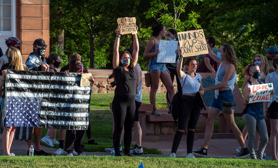 (Rick Egan  |  The Salt Lake Tribune)       Protesters chant slogans on the corner across from the Utah State Capitol, during a demonstration in Salt Lake City, Tuesday, June 2, 2020.