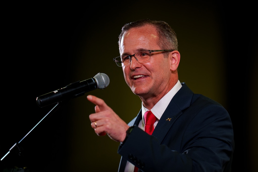 (Trent Nelson | The Salt Lake Tribune) Congressional candidate Colby Jenkins at the Utah Republican Nominating Convention in Salt Lake City on Saturday, April 27, 2024. Jenkins has challenged Rep. Celeste Maloy to 13 debates ahead of Utah's 2nd Congressional District GOP primary election.