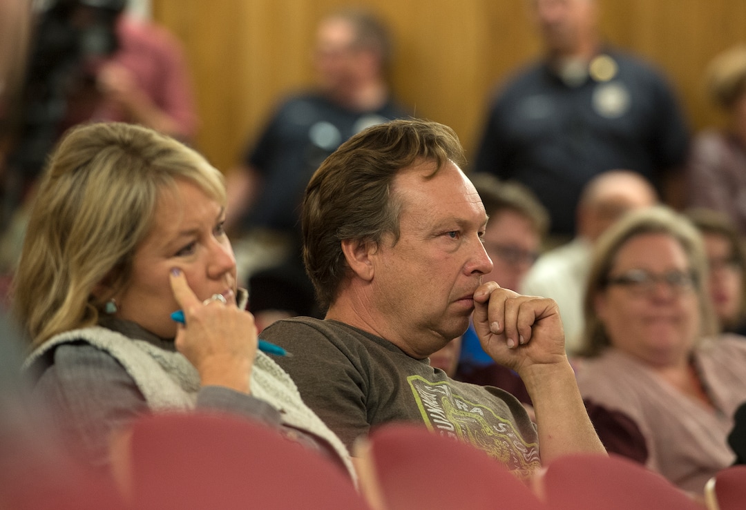 (Leah Hogsten  |  The Salt Lake Tribune)  "We're having a hard time releasing the buildings," said Meg and Rick Osguthorpe, who claim they have lost tenants at the two industrial business buildings they own on Paramount Ave after their tenants found out that a Homeless Resource Center was going to be located in that neighborhood. Salt Lake City community leaders and service providers hosted a public forum, Tuesday, September 26, 2017 to present preliminary designs and programming for the two new Homeless Resource Centers to be located at 131 E 700 S and 275 W High Ave. in Salt Lake City. 