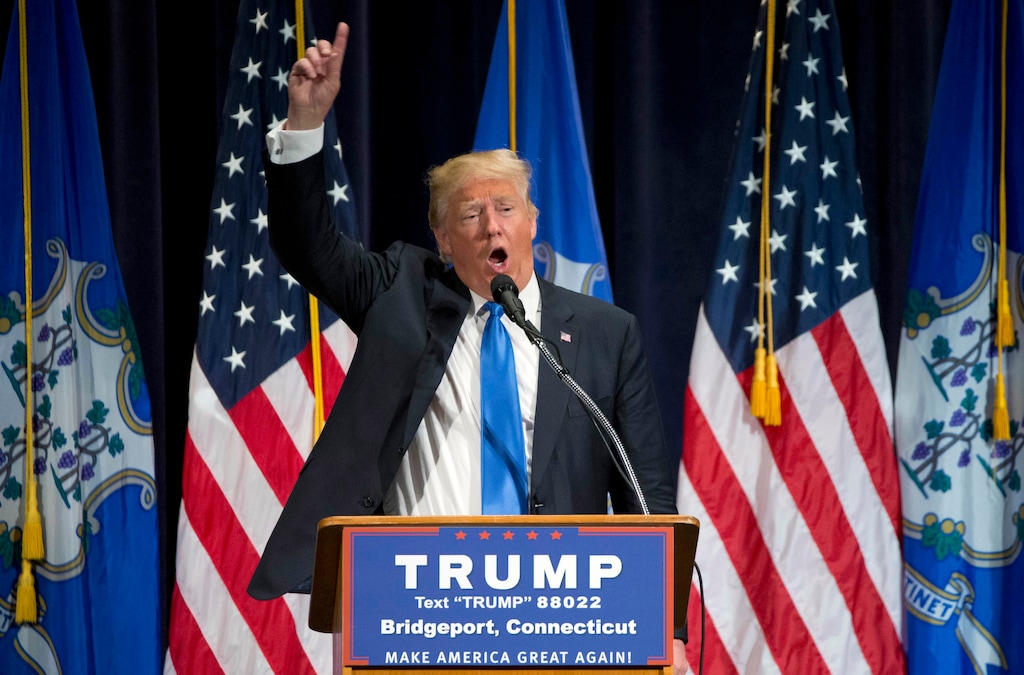 (Michael Dwyer | The Associated Press) Republican presidential candidate Donald Trump speaks during a campaign rally in Bridgeport, Conn., Saturday, April 23, 2016.