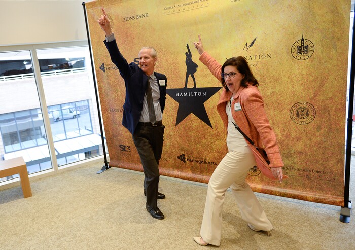 (Francisco Kjolseth  |  The Salt Lake Tribune)  Senate President Wayne Niederhauser strikes a pose with his wife Melissa as they gather with students for a showing of Hamilton at the Eccles Theater on Thursday, April 19, 2018. Legislators and students gathered as part of the New Nation Project where students wrote to their politicians on topics important to them for a chance to win tickets. 
