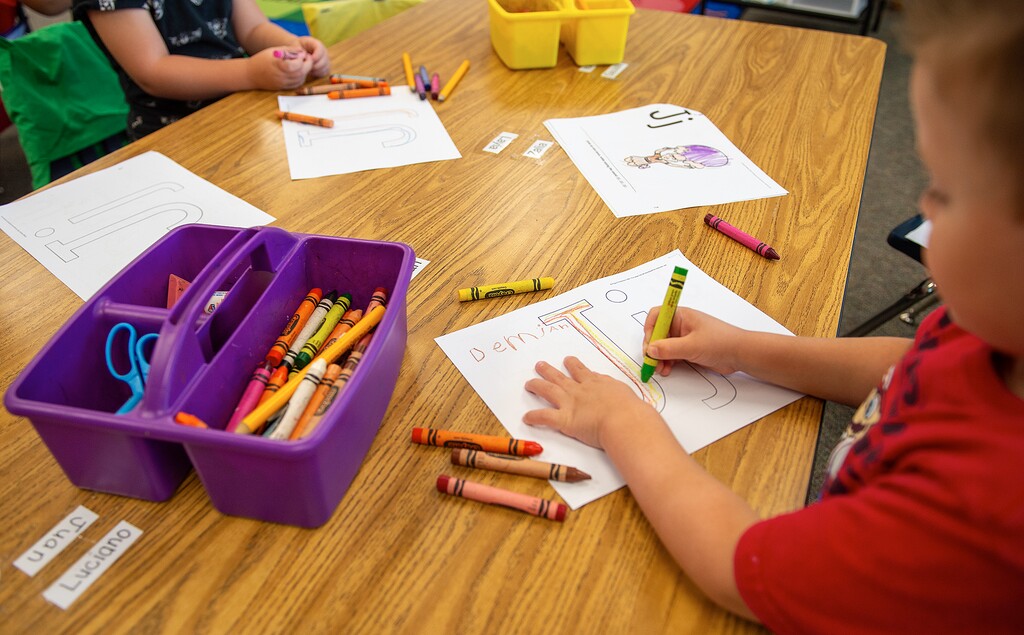 (Chris Samuels | The Salt Lake Tribune) A kindergarten class practices reading at Westmore Elementary School in Orem, Monday, Sept. 11, 2023.