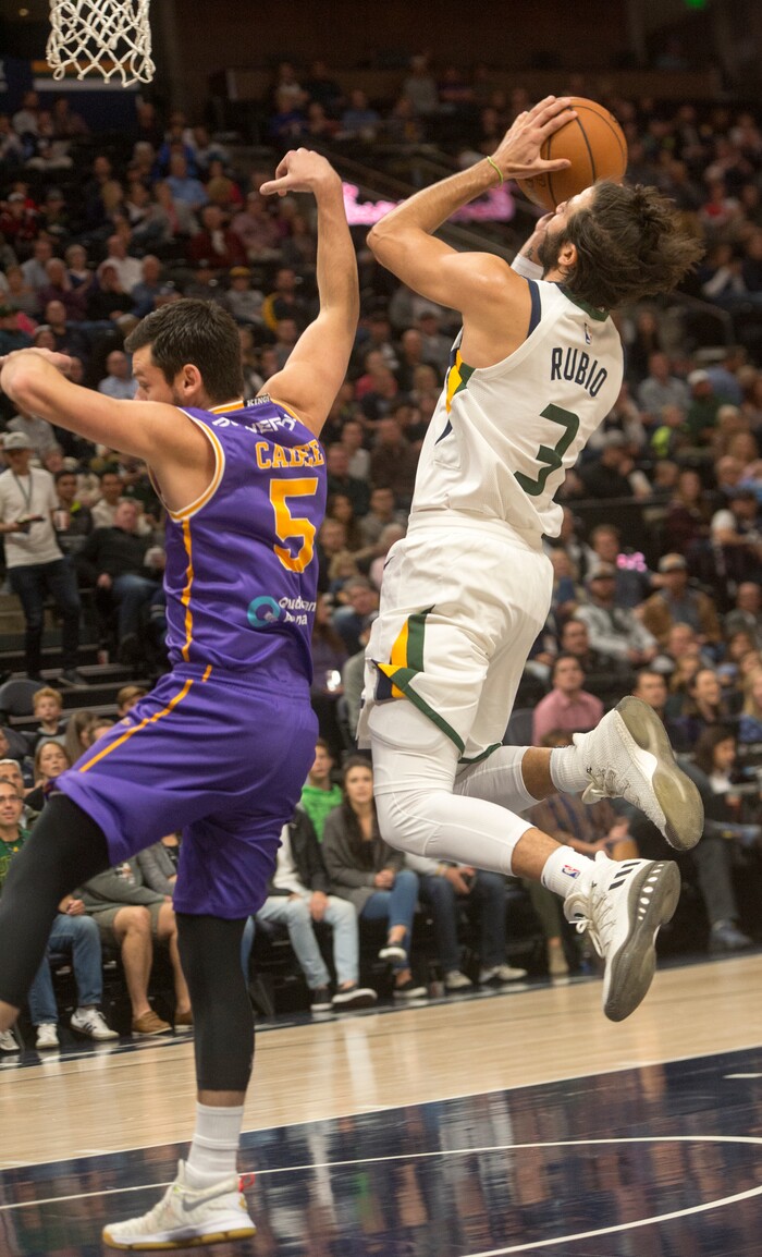(Rick Egan  |  The Salt Lake Tribune) Utah Jazz guard Ricky Rubio (3) takes a shot, as Sydney Kings guard Jason Cadee (5) defends, in preseason basketball Utah Jazz vs.Sydney Kings, in Salt Lake City, Sunday, October 2, 2017.



