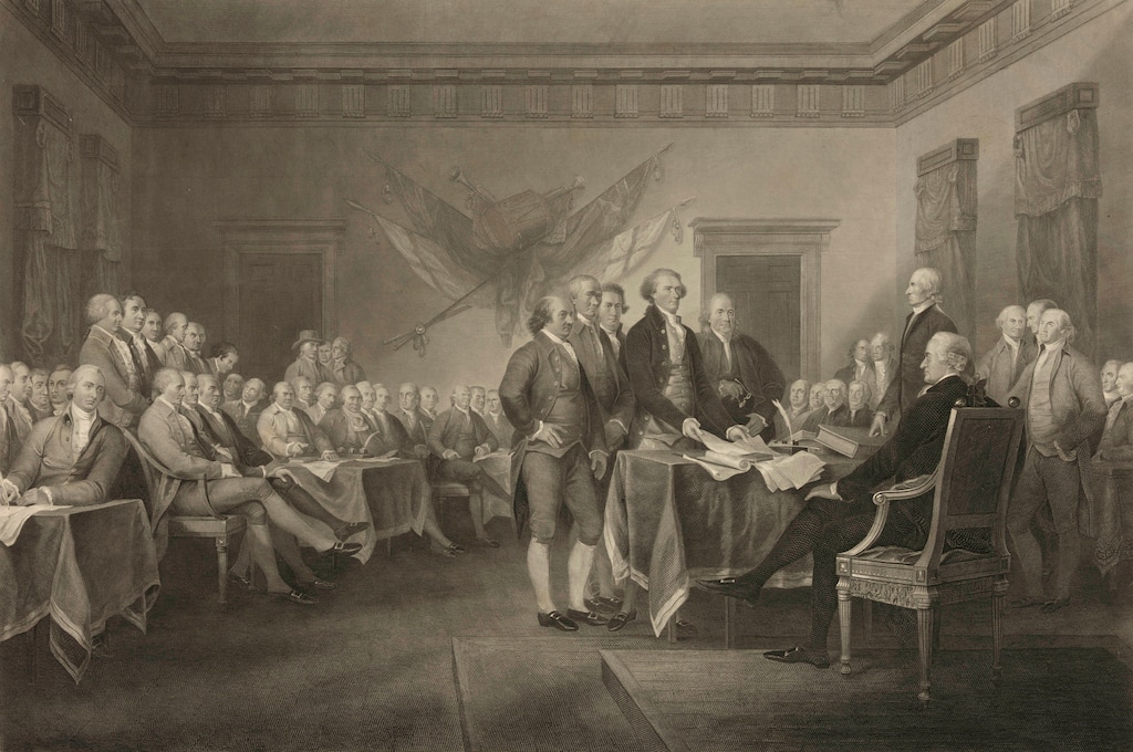 This 1876 engraving by W.L. Ormsby shows a version of the painting "Declaration of Independence, July 4th, 1776" by John Trumbull.  (W.L. Ormsby/Library of Congress via AP)