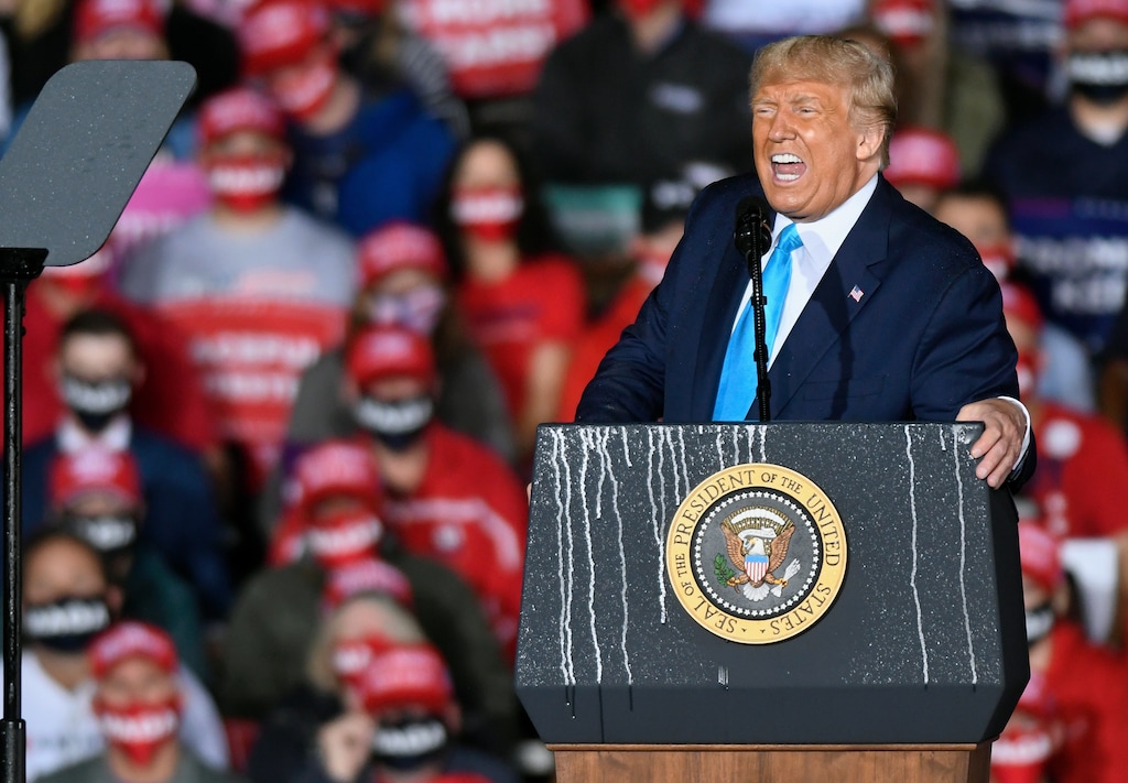 President Donald Trump speaks during a campaign rally at Harrisburg International Airport, Saturday, Sept. 26, 2020, in Middletown, Pa. (AP Photo/Steve Ruark)