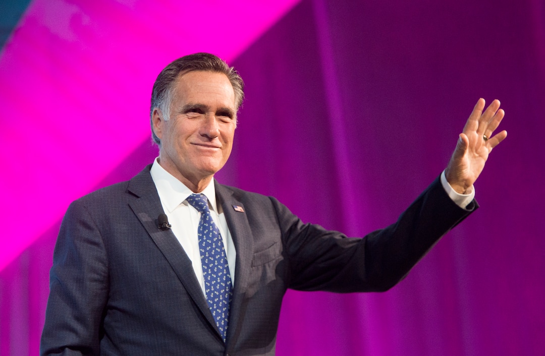 (Rick Egan  |  The Salt Lake Tribune)   Mitt Romney waves to the crowd after speaking at the Tech Summit at the Salt Palace Convention Center,  Friday, January 19, 2018.