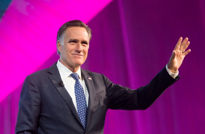 (Rick Egan  |  The Salt Lake Tribune)   Mitt Romney waves to the crowd after speaking at the Tech Summit at the Salt Palace Convention Center,  Friday, January 19, 2018.


